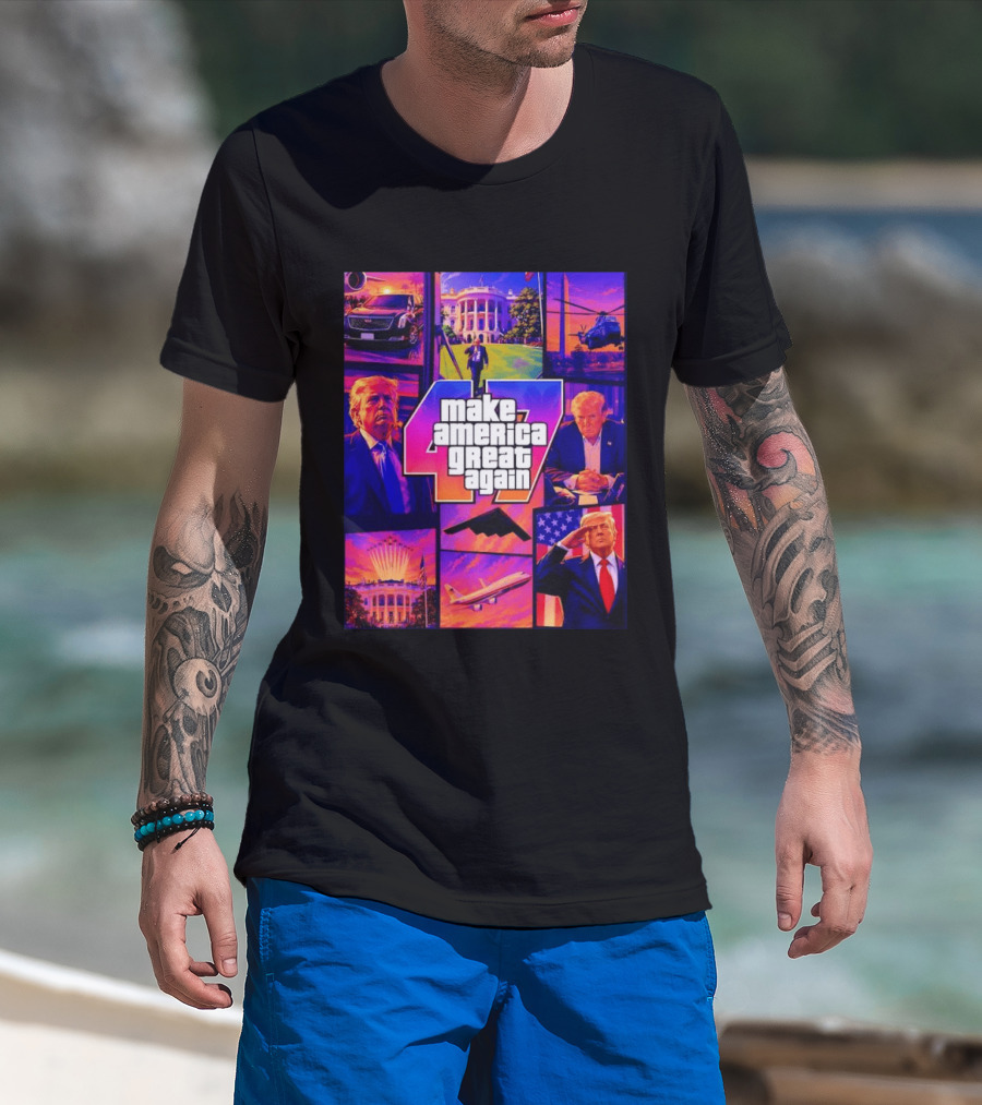 Make America Great Again GTA 47 Parody Trump White House Military Aircraft Montage T-Shirt