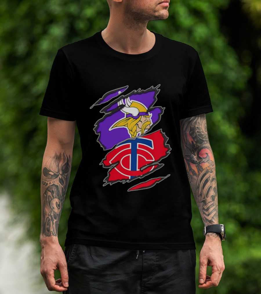 Minnesota Vikings Minnesota Twins Iconic Team Collaboration Ripped T-Shirt