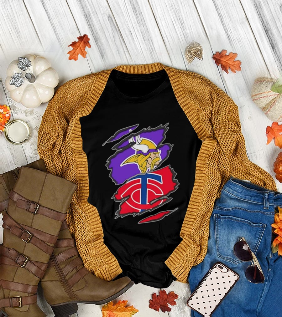 Minnesota Vikings Minnesota Twins Iconic Team Collaboration Ripped T-Shirt