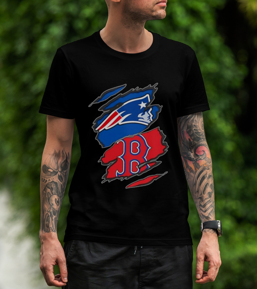 Patriots Red Sox Ripped Design New England Boston Sports Fan T-Shirt