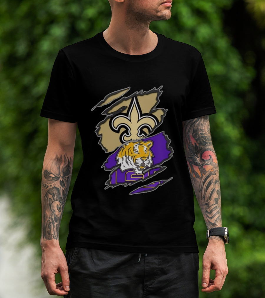 New Orleans Saints LSU Tigers Football Louisiana Logos Ripped T-Shirt