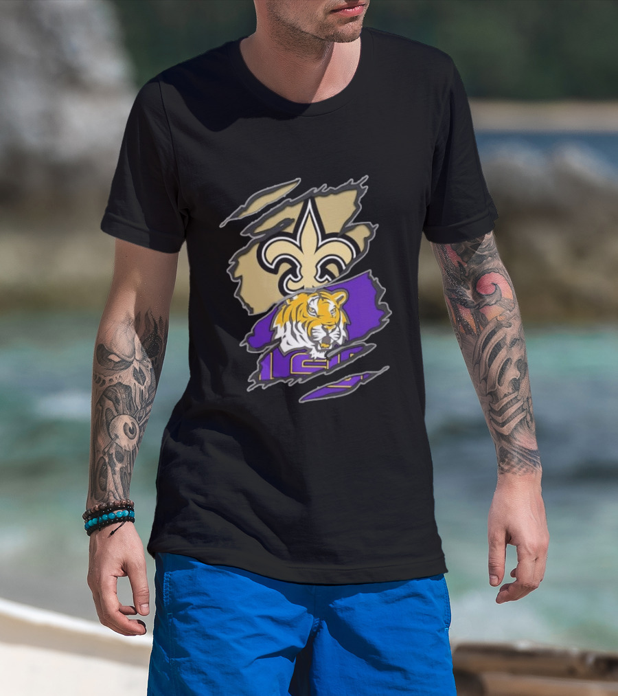 New Orleans Saints LSU Tigers Football Louisiana Logos Ripped T-Shirt