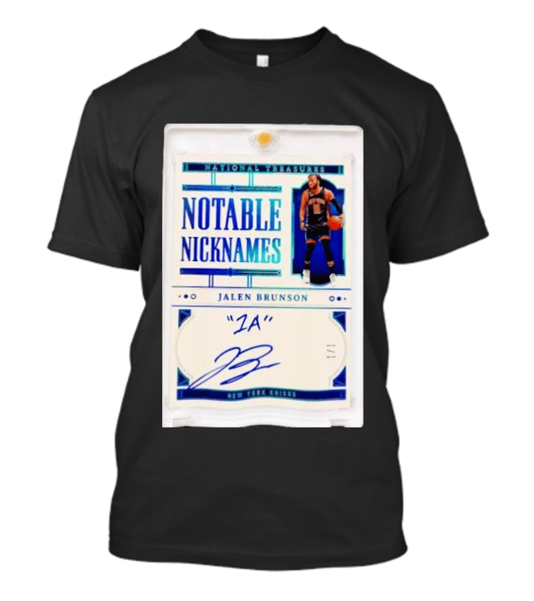 Jalen Brunson New York Knicks National Treasures Notable Nicknames 1A Autograph 1/1 Trading Card T-Shirt