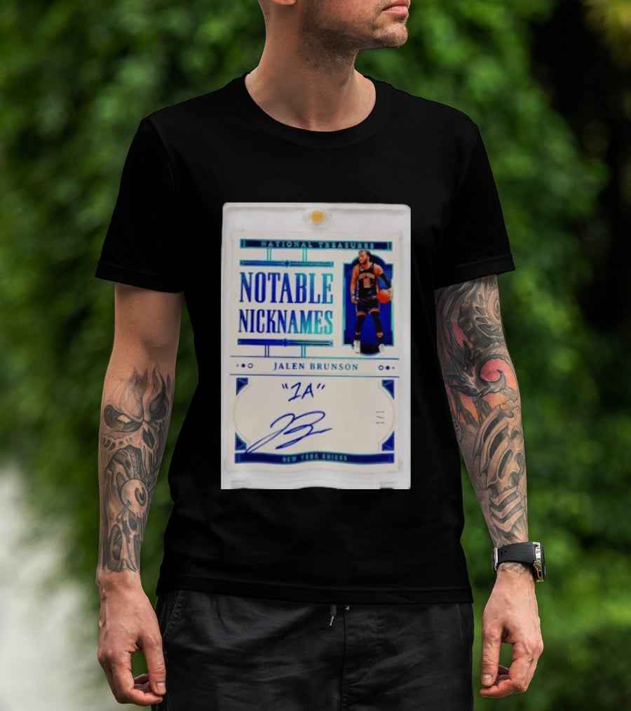 Jalen Brunson New York Knicks National Treasures Notable Nicknames 1A Autograph 1/1 Trading Card T-Shirt