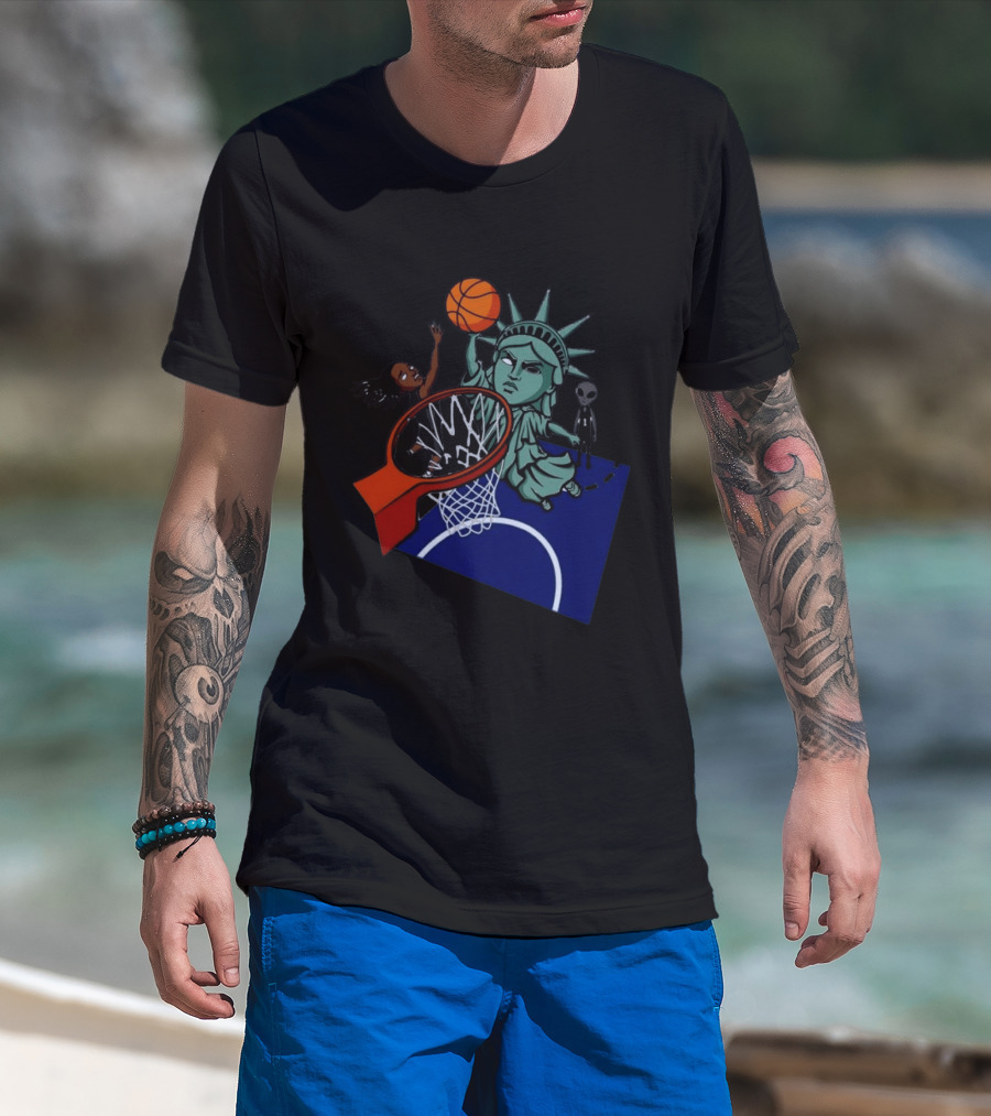 Statue Of Liberty Basketball Dunk With Alien And Athlete Joe Maracic T-Shirt