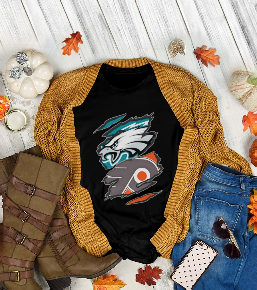 Philadelphia Eagles and Philadelphia Flyers Ripped Tear Sports Team T-Shirt