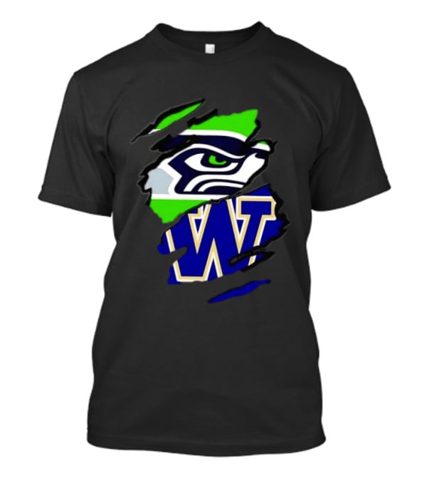 Seattle Seahawks Washington Huskies Ripped Through Logos T-Shirt
