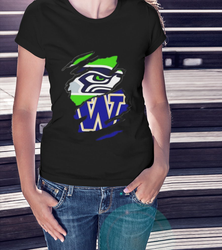 Seattle Seahawks Washington Huskies Ripped Through Logos T-Shirt