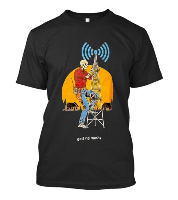 Skeleton Climbing Tower With Radio Waves Retro Scene T-Shirt