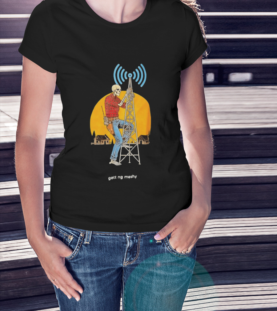 Skeleton Climbing Tower With Radio Waves Retro Scene T-Shirt