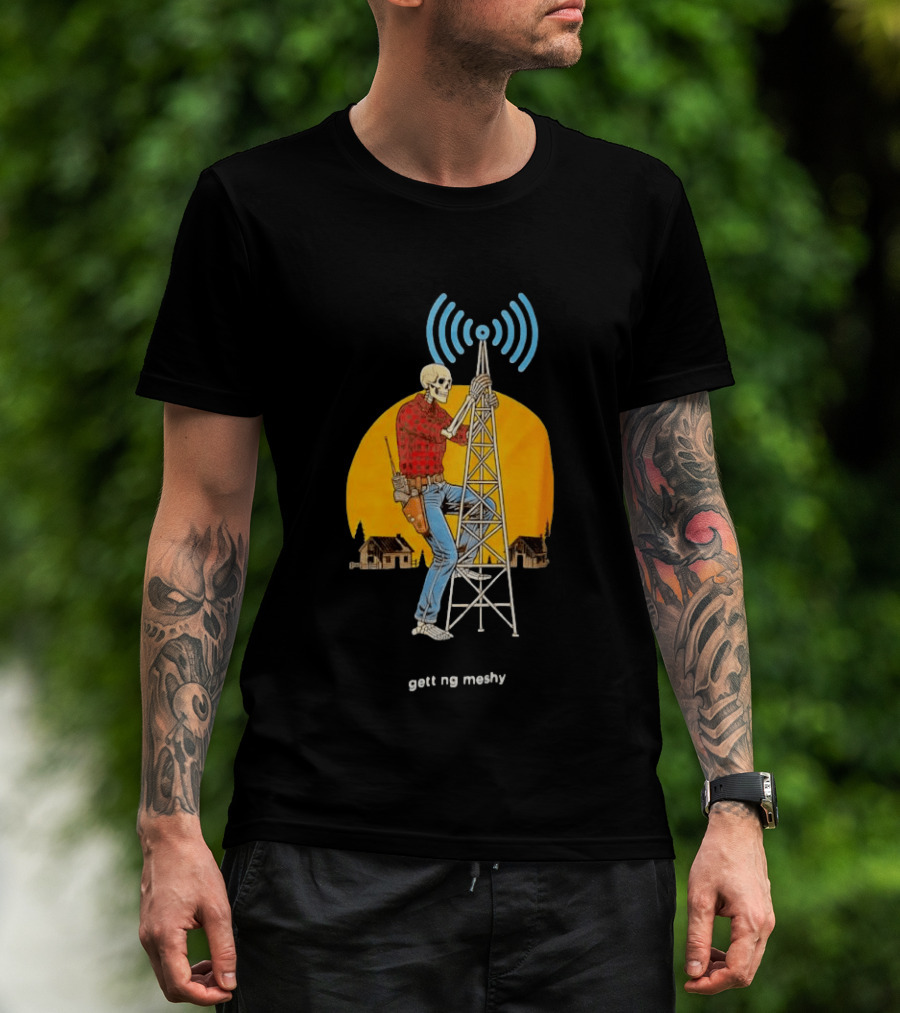 Skeleton Climbing Tower With Radio Waves Retro Scene T-Shirt