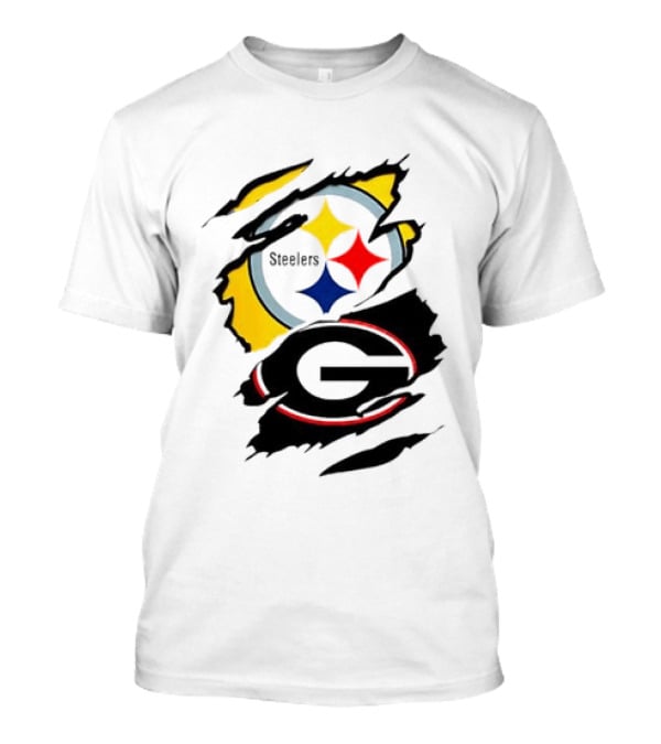 Pittsburgh Steelers Georgia Bulldogs NCAA Football Ripped Torn Effect T-Shirt