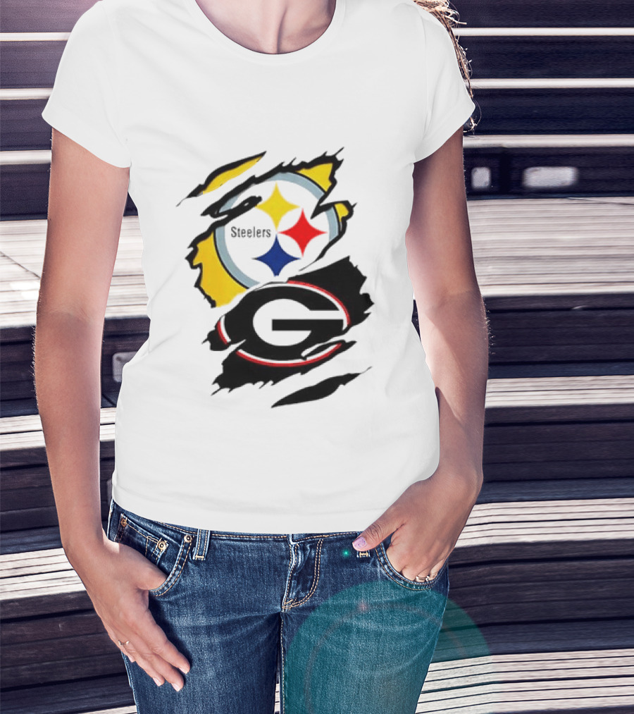 Pittsburgh Steelers Georgia Bulldogs NCAA Football Ripped Torn Effect T-Shirt