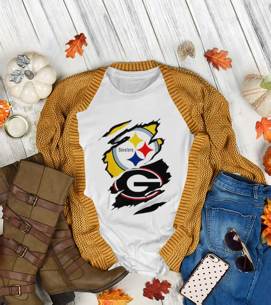 Pittsburgh Steelers Georgia Bulldogs NCAA Football Ripped Torn Effect T-Shirt