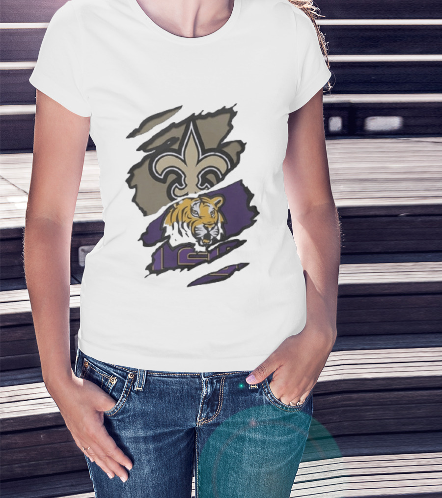 New Orleans Saints LSU Tigers Beneath The Surface Fleur De Lis Tiger Split T-Shirt