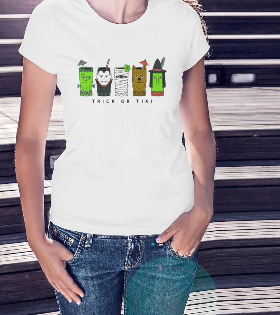 Trick Or Tiki Frankenstein Vampire Mummy Werewolf Witch Halloween T-Shirt