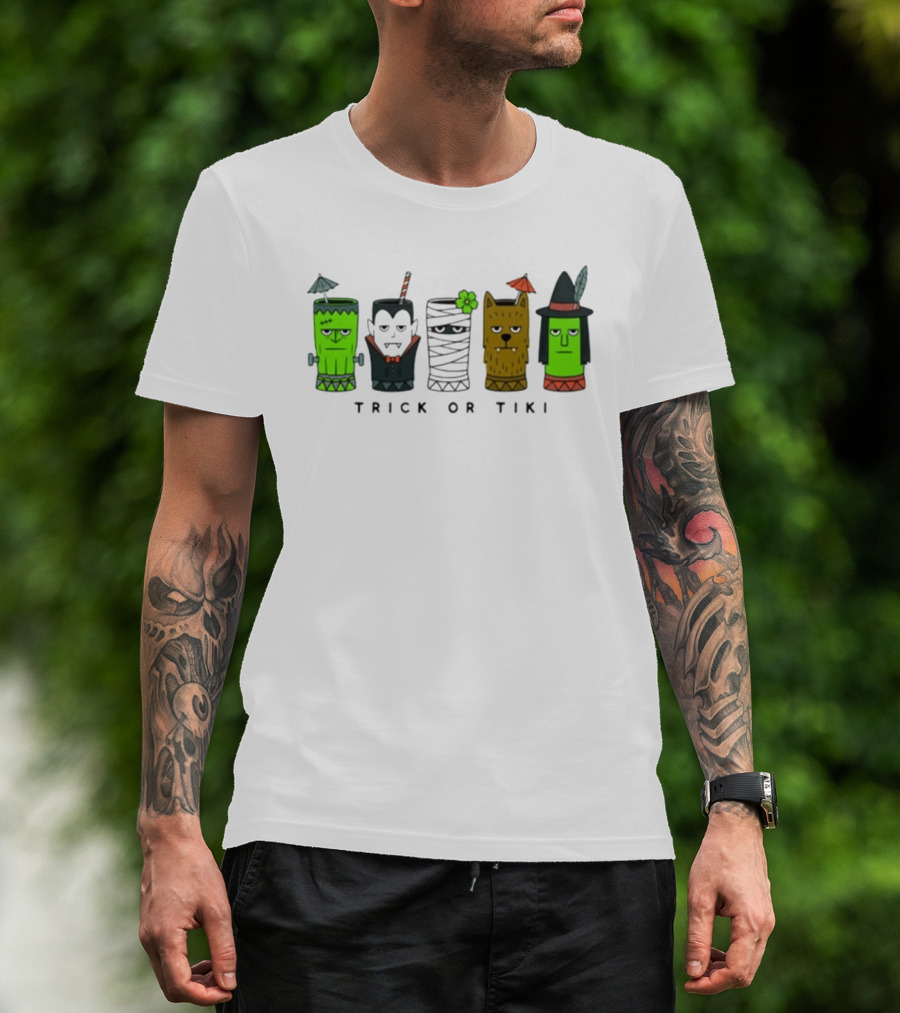 Trick Or Tiki Frankenstein Vampire Mummy Werewolf Witch Halloween T-Shirt