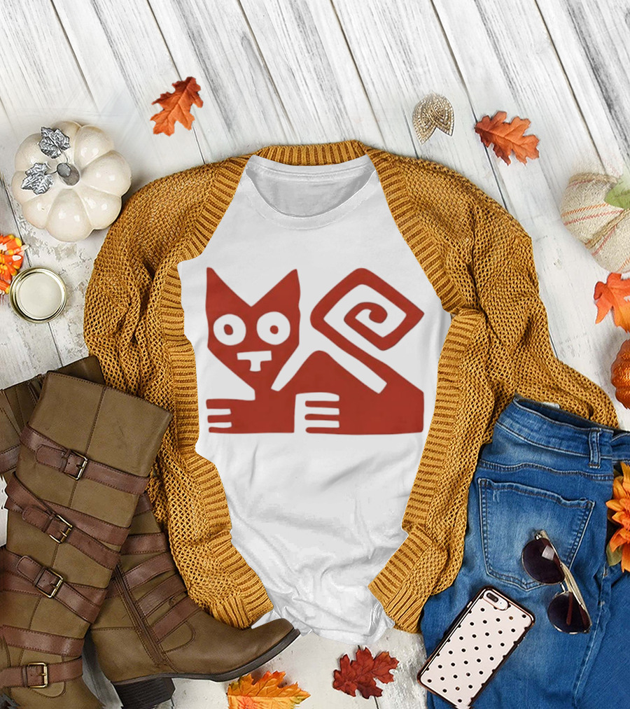 Peruvian Cat Nazca Lines Style Geometric Red T-Shirt