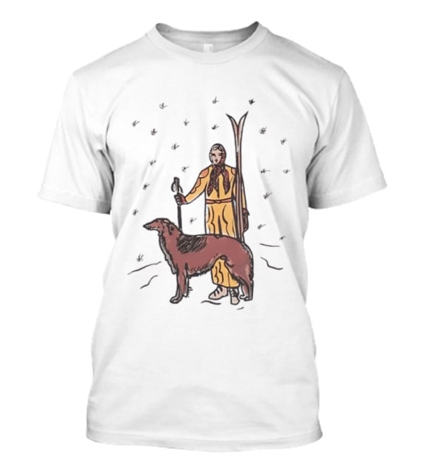 Woman Skiing With Borzoi Dog In Winter Sports Scene T-Shirt