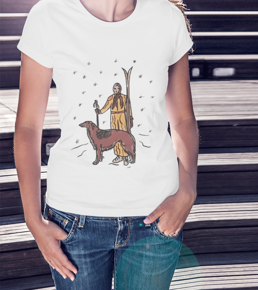 Woman Skiing With Borzoi Dog In Winter Sports Scene T-Shirt