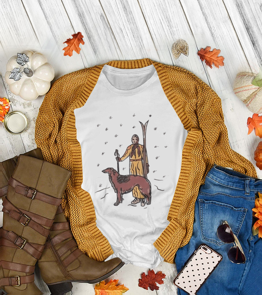 Woman Skiing with Borzoi Dog in Winter Sports Scene T-Shirt