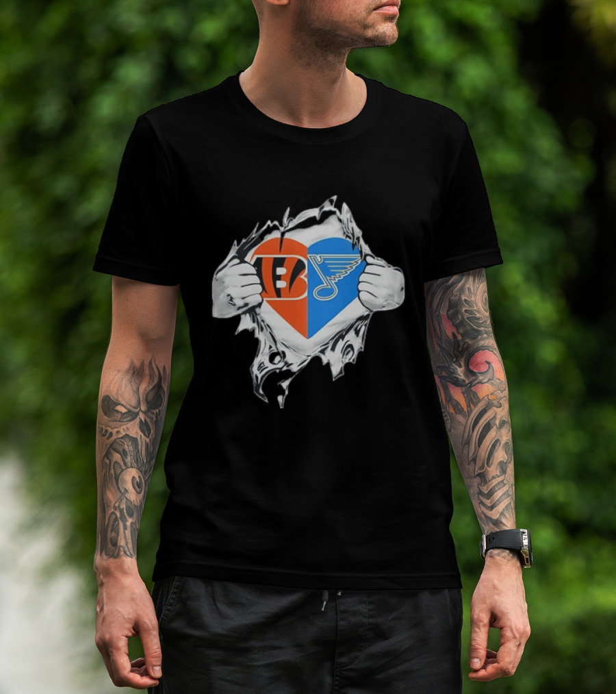 Bengals Blues Tattered Heart Shape Split Symbol With Hands T-Shirt