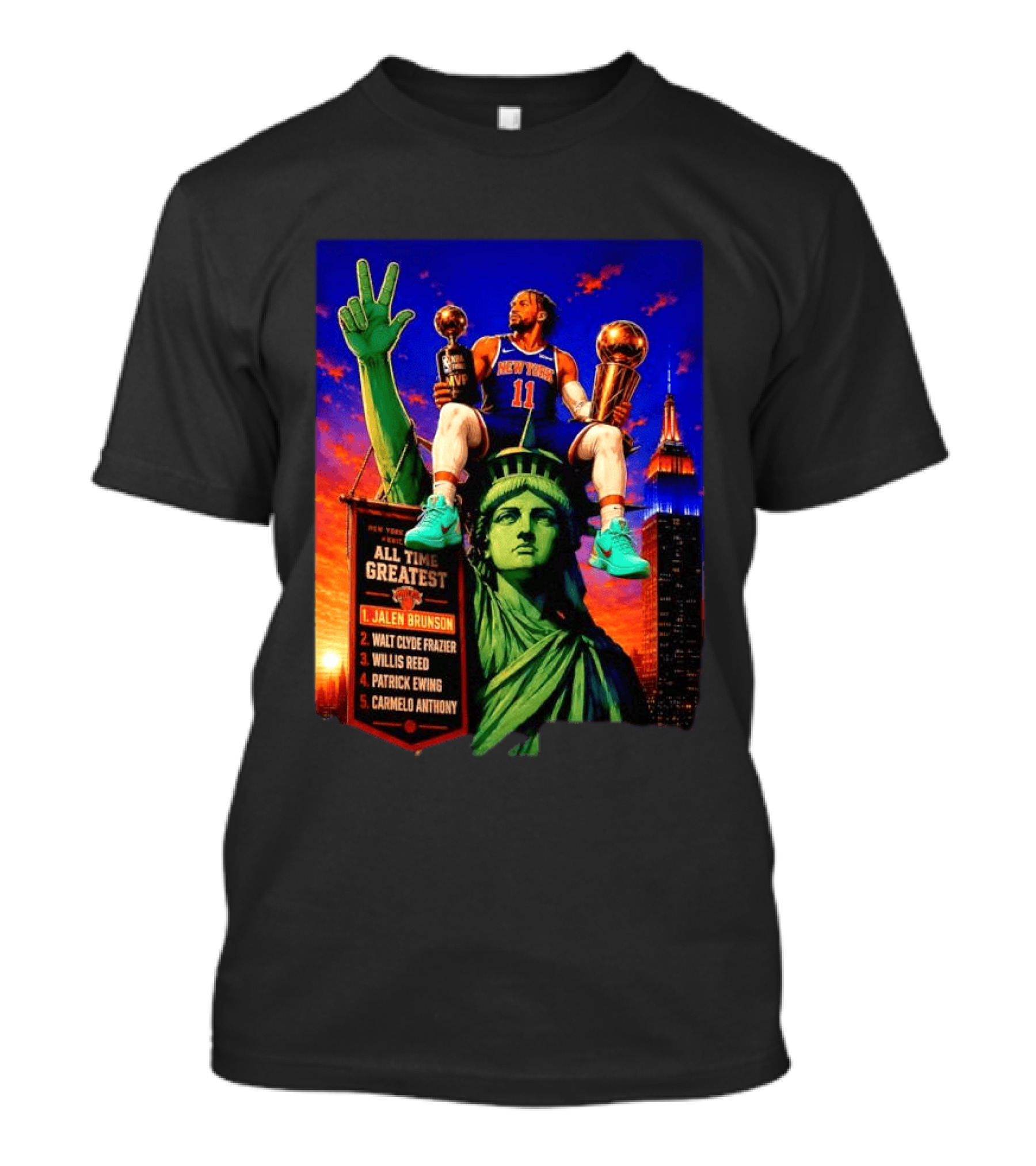 Jalen Brunson New York Knicks All Time Greatest List Liberty Statue T-Shirt