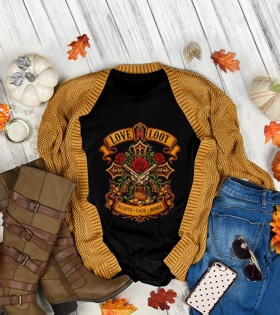 Love N Loot Hearts Cash Roses Guns and Flowers Cross Emblems T-Shirt