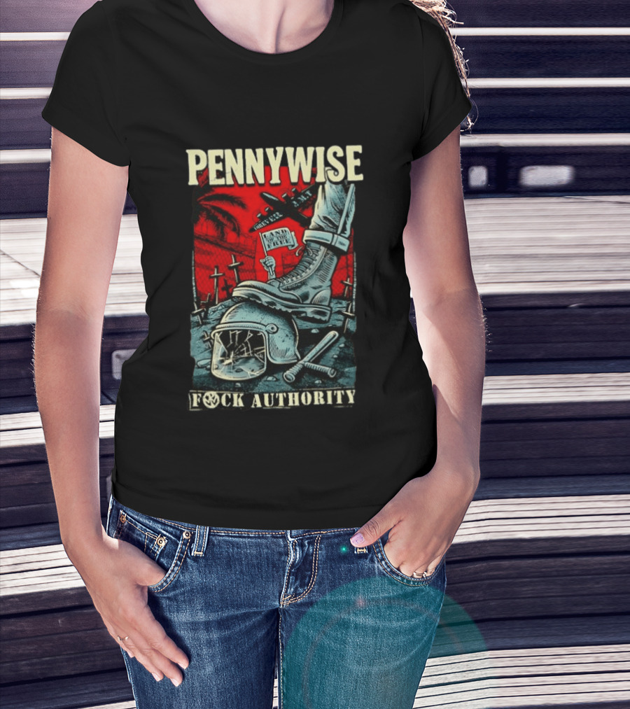 Pennywise Fock Authority Land Of The Free Forever Dystopian Punk Imagery With Boot And Helmet T-Shirt