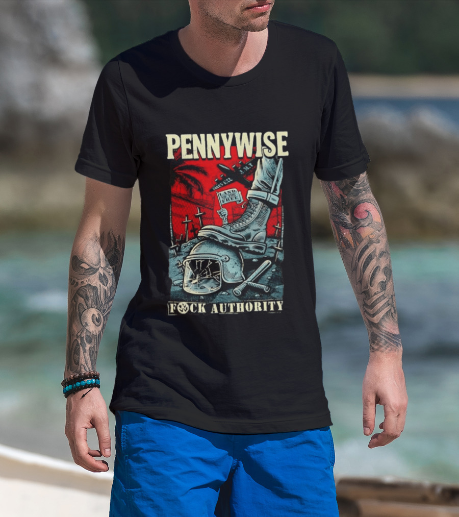 Pennywise Fock Authority Land Of The Free Forever Dystopian Punk Imagery With Boot And Helmet T-Shirt