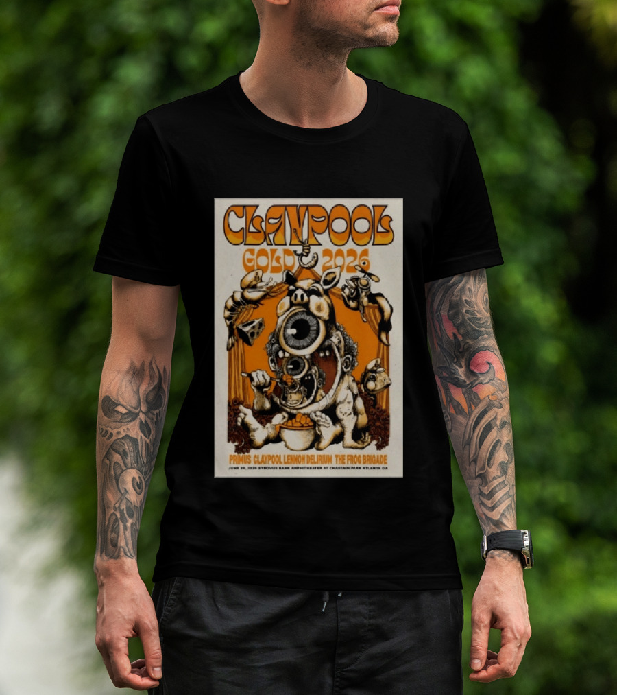 Les Claypool Gold 2026 Primus Delirium Frog Brigade June 20 Synovus Bank Amphitheater Atlanta T-Shirt