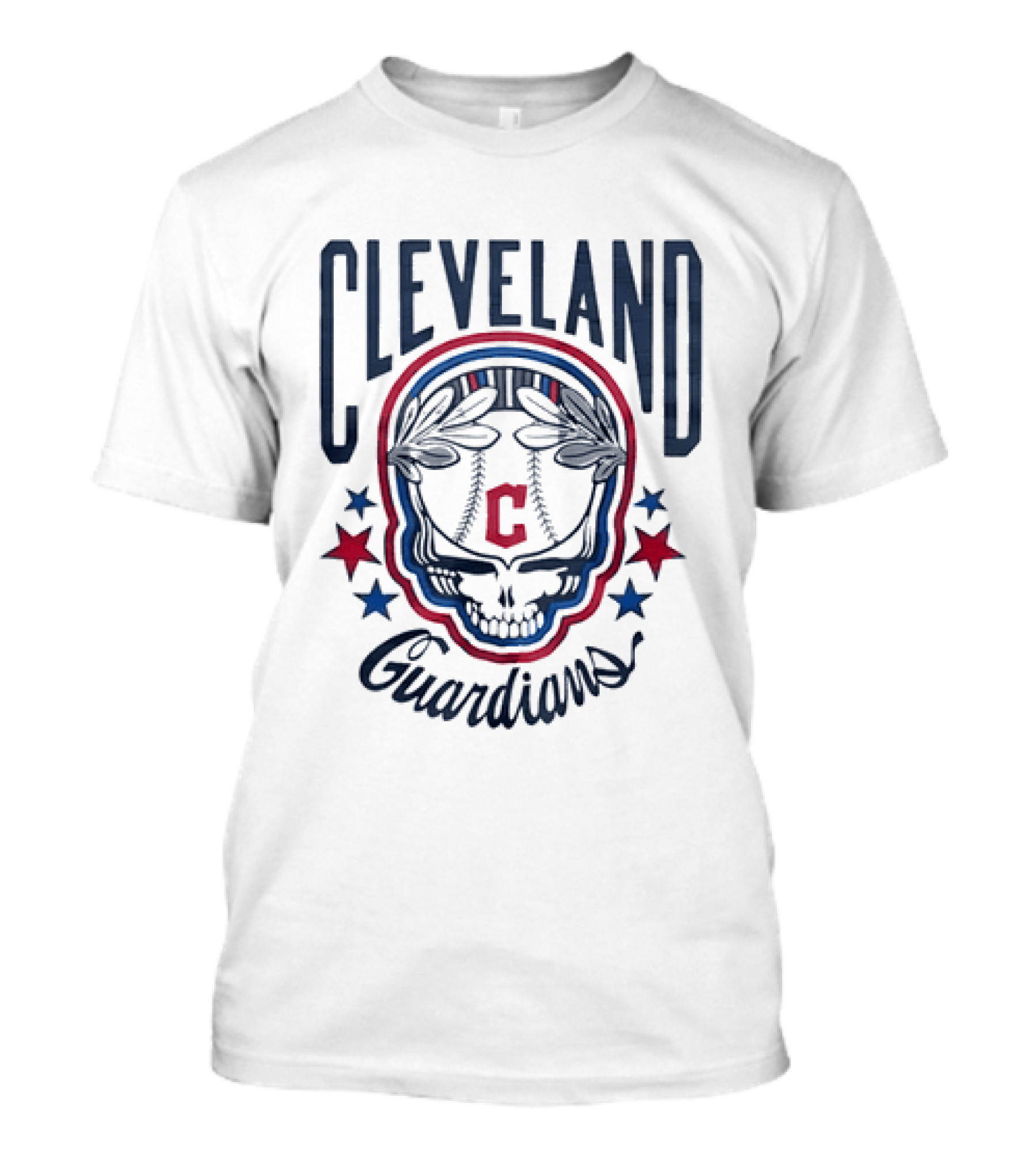 Cleveland Guardians Skull Baseball Laurel Wreath Stars T-Shirt