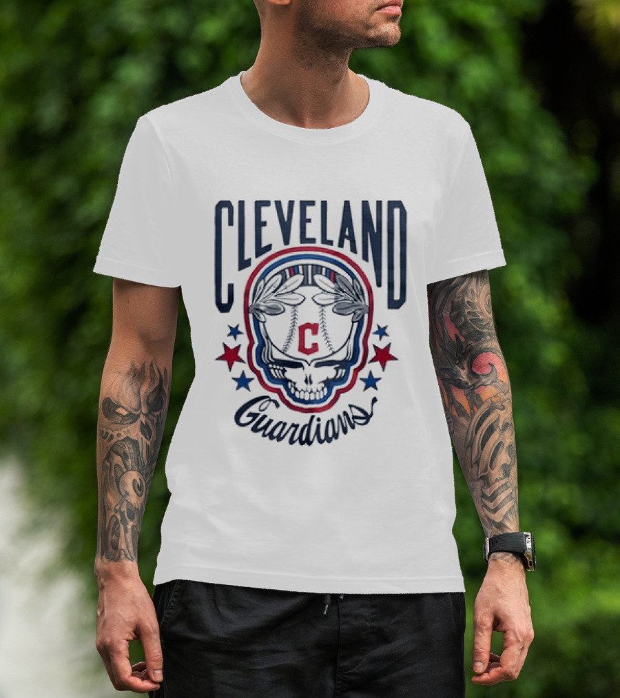 Cleveland Guardians Skull Baseball Laurel Wreath Stars T-Shirt