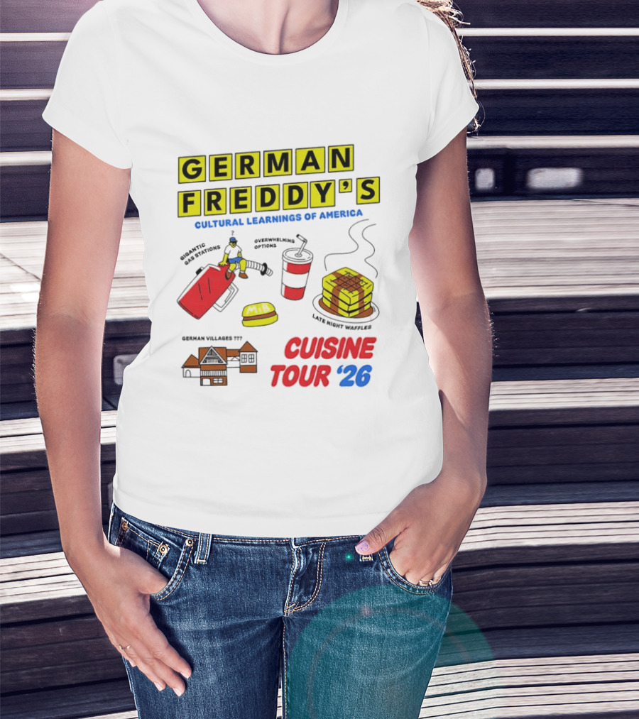 German Freddy's Cultural Learnings Of America Cuisine Tour '26 Village Fest Waffle Burger Soda T-Shirt