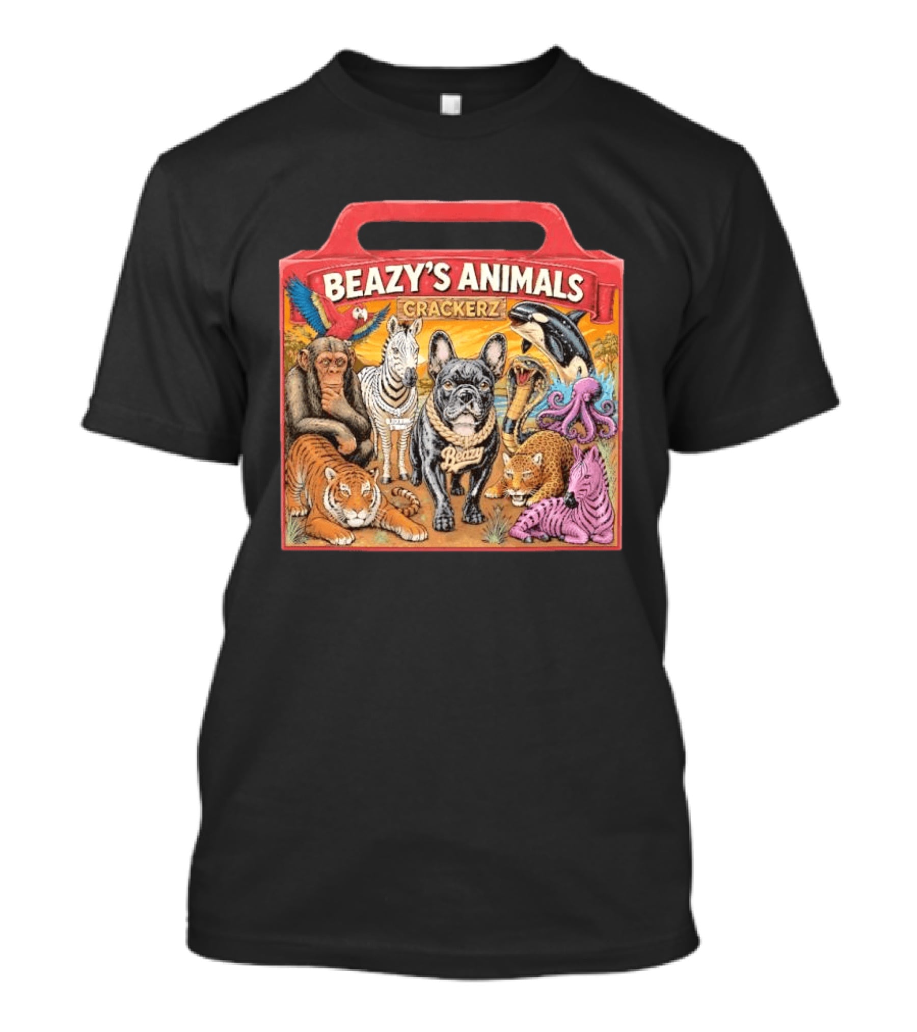 Beazy's Animals Crackerz French Bulldog Tiger Zebra Monkey Parrot Octopus T-Shirt