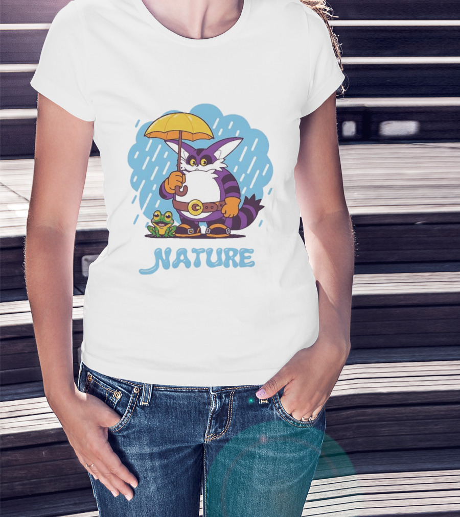 Big The Cat Froggy Nature Holding Umbrella In Rain T-Shirt