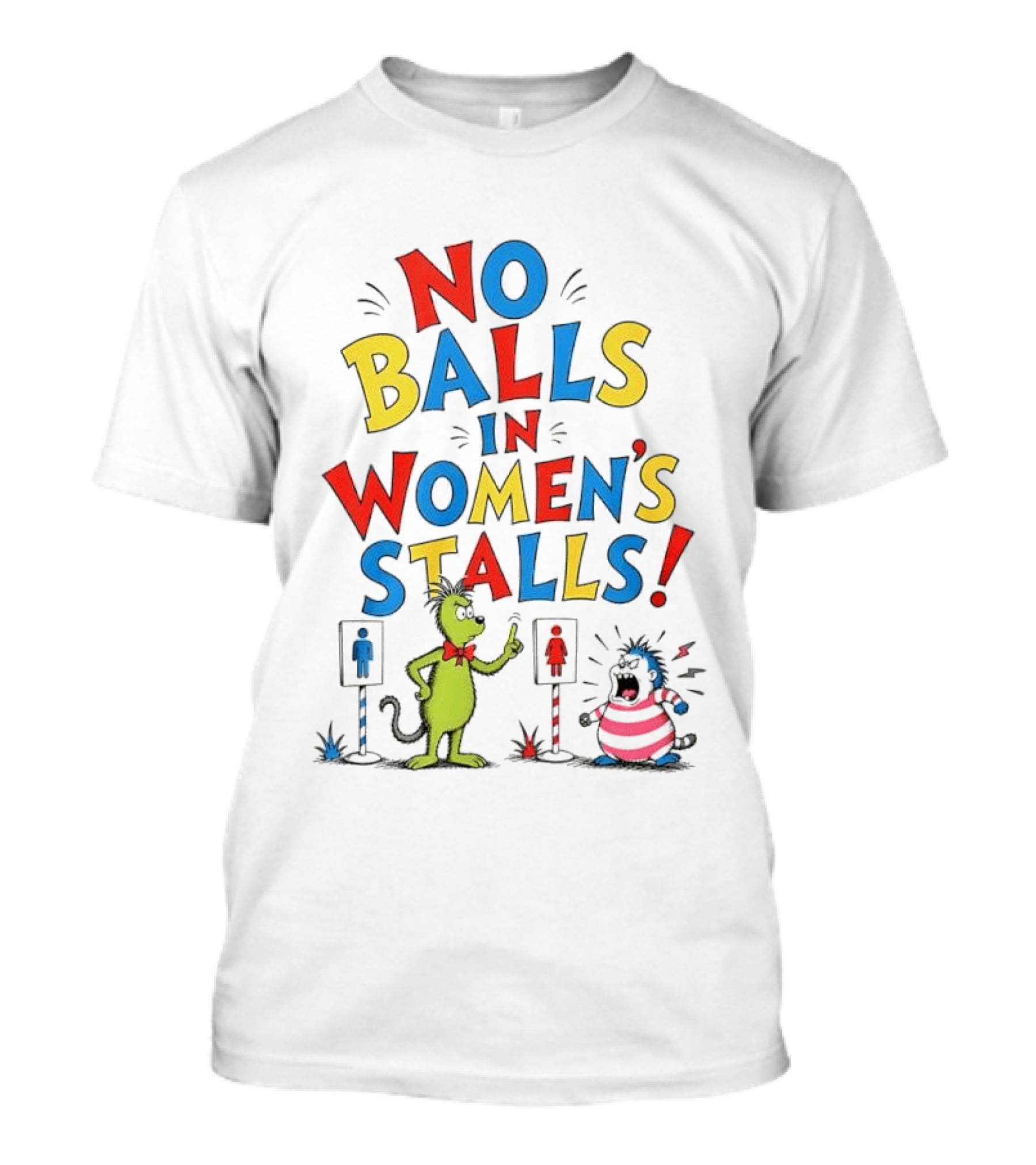 No Balls In Women's Stalls Cat Character Urinal Cartoon T-Shirt