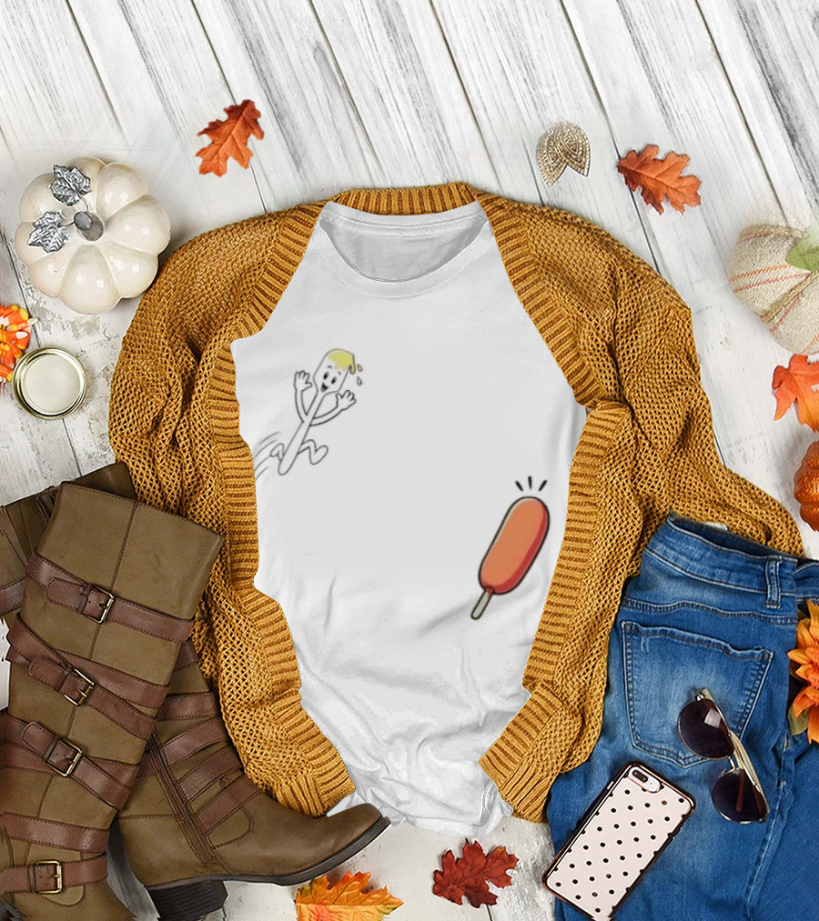Spork vs Corn Dog Humorous Food Chase Cartoon T-Shirt