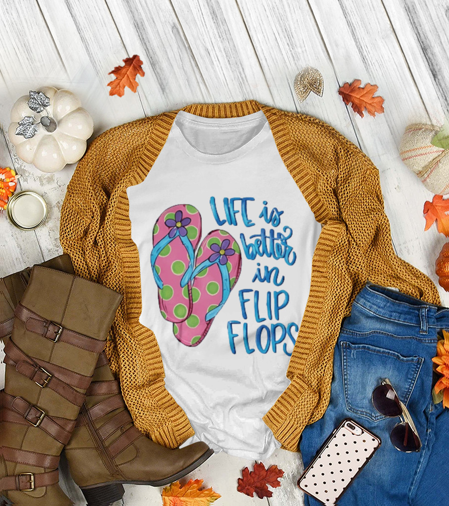 Life Is Better in Flip Flops with Pink Polka Dot and Blue Flower Sandals T-Shirt