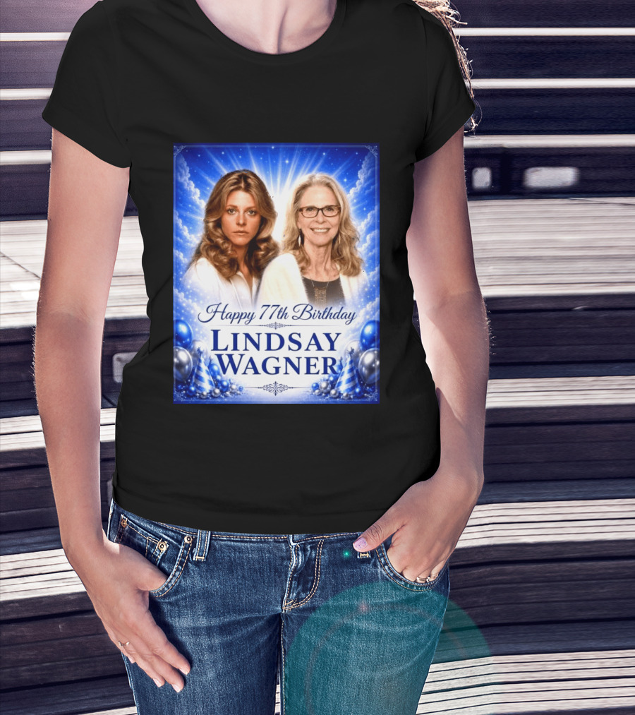 Happy 77th Birthday Celebration Lindsay Wagner Blue Party Balloons T-Shirt