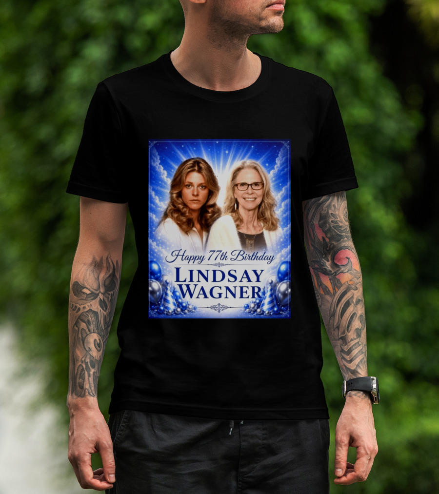 Happy 77th Birthday Celebration Lindsay Wagner Blue Party Balloons T-Shirt
