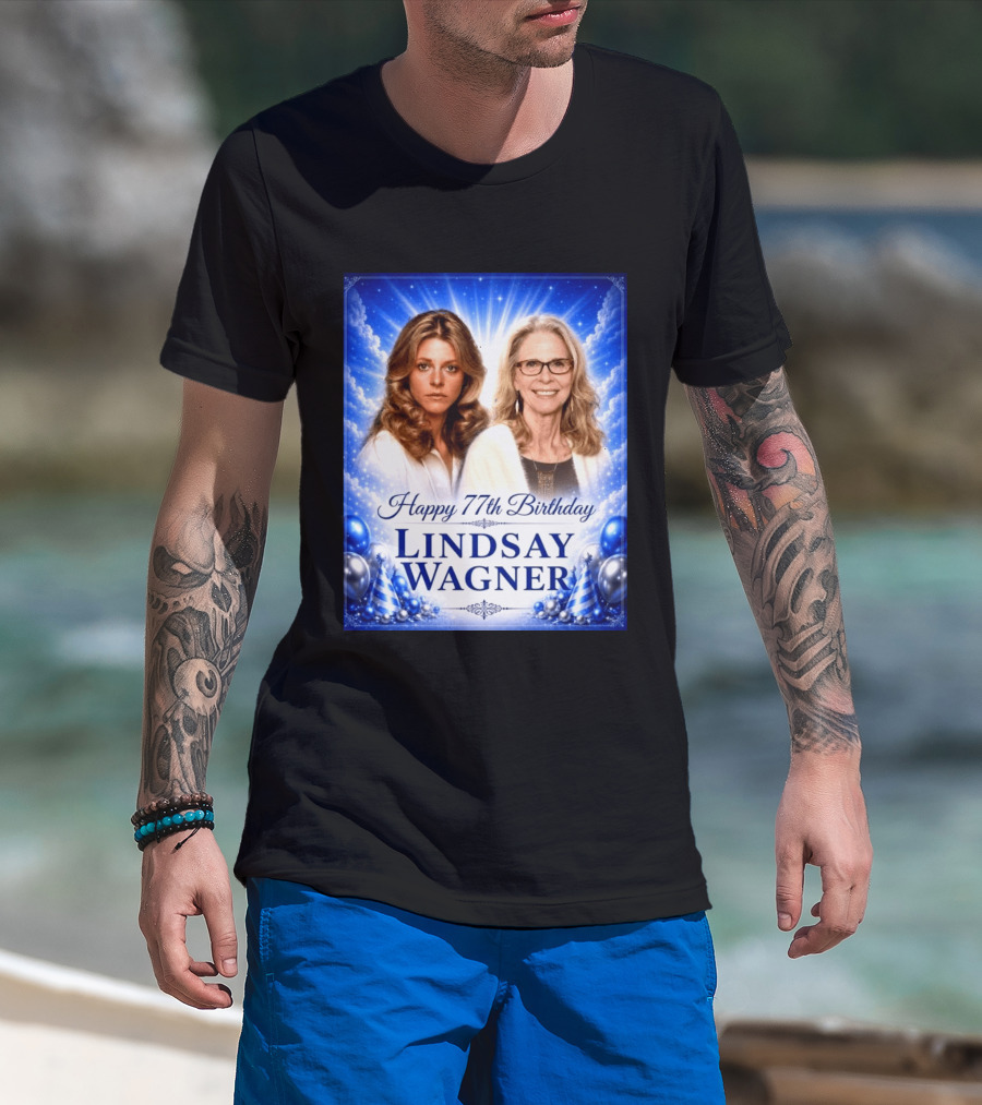 Happy 77th Birthday Celebration Lindsay Wagner Blue Party Balloons T-Shirt