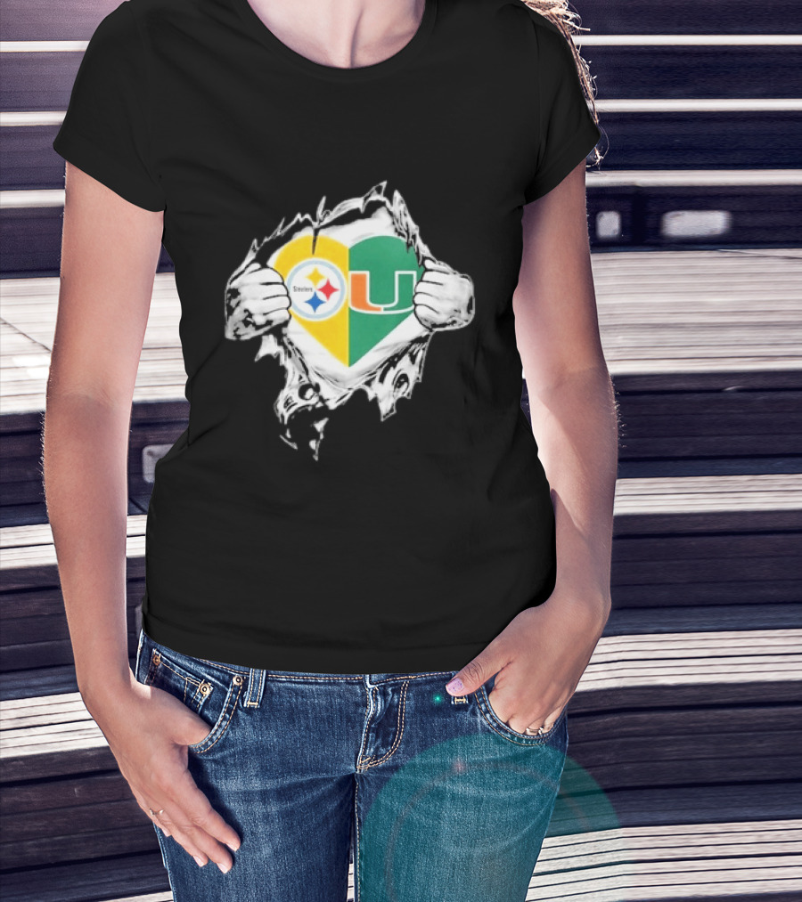 Steelers Miami Hurricanes Heart In My DNA Hands Football Fan Pride T-Shirt