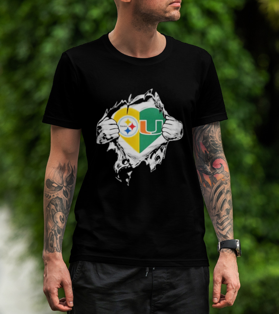 Steelers Miami Hurricanes Heart In My DNA Hands Football Fan Pride T-Shirt