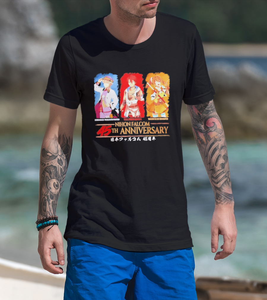 Nihon Falcom 45th Anniversary Characters Illustration In Japanese T-Shirt