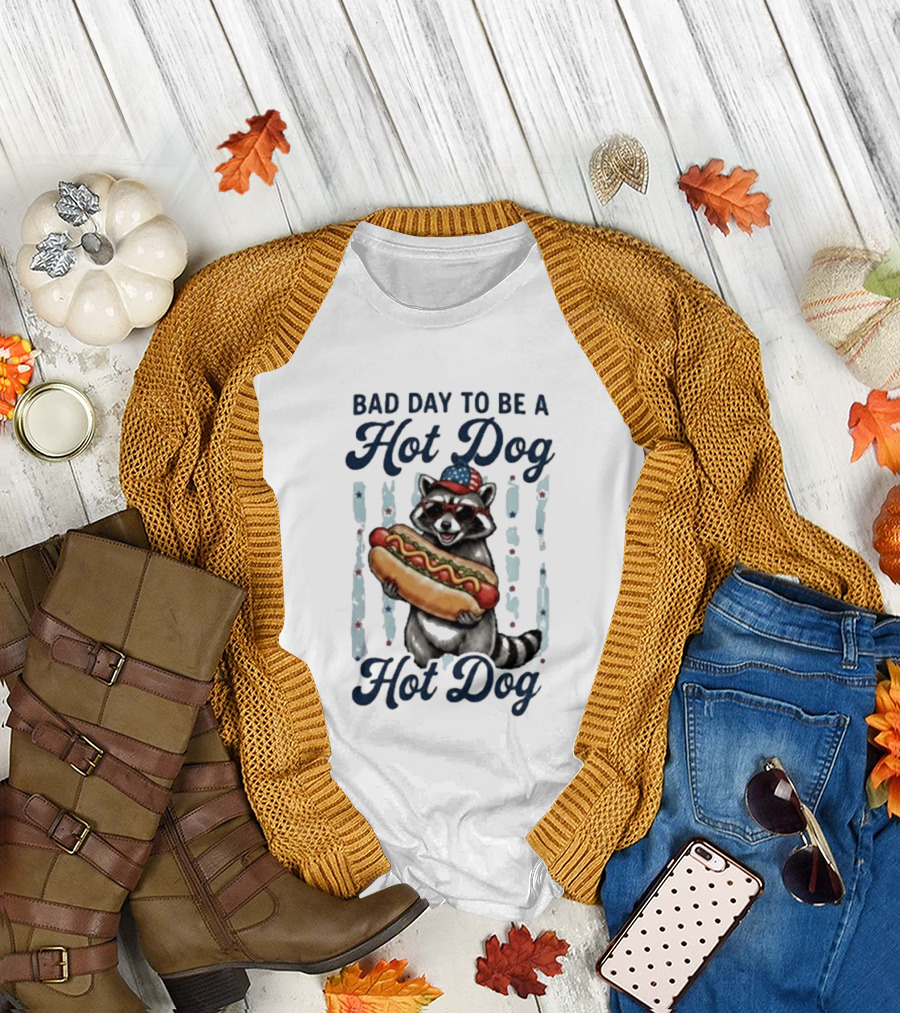 Bad Day To Be A Hot Dog Raccoon Holding Hot Dog with Sunglasses and American Hat T-Shirt