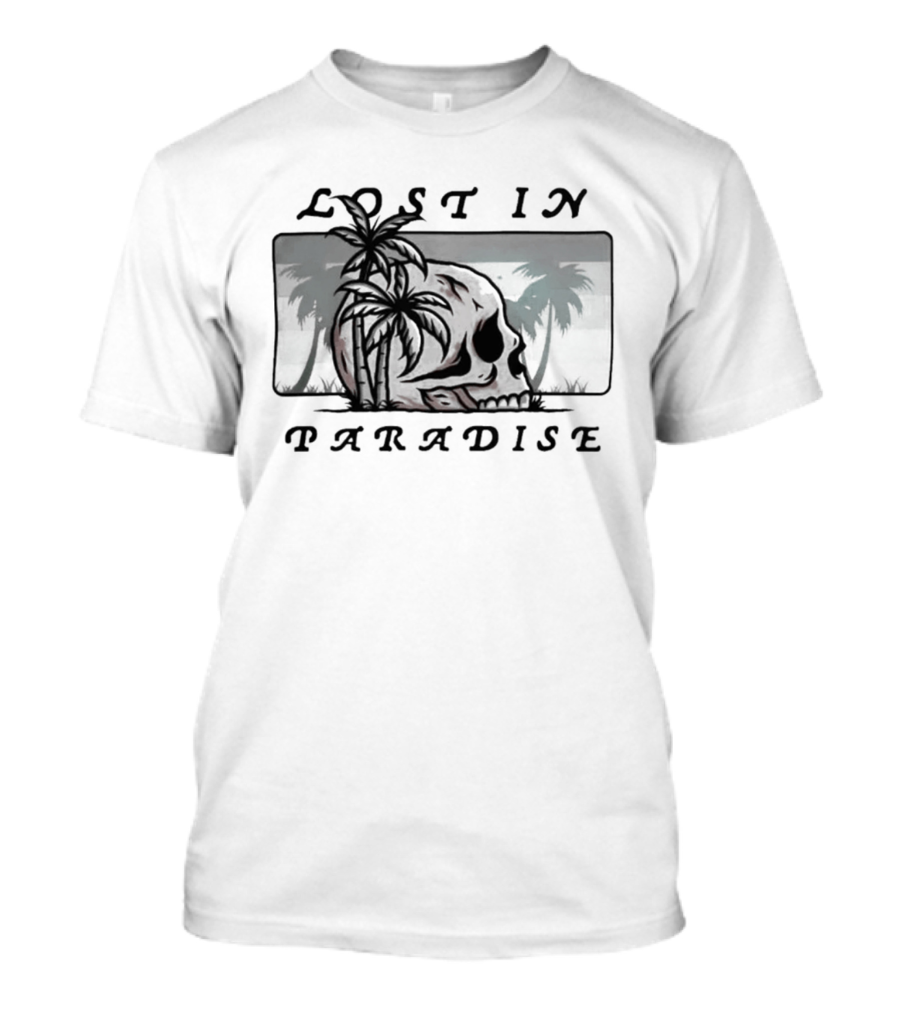 Lost In Paradise Palm Tree Skull And Beach Scene T-Shirt