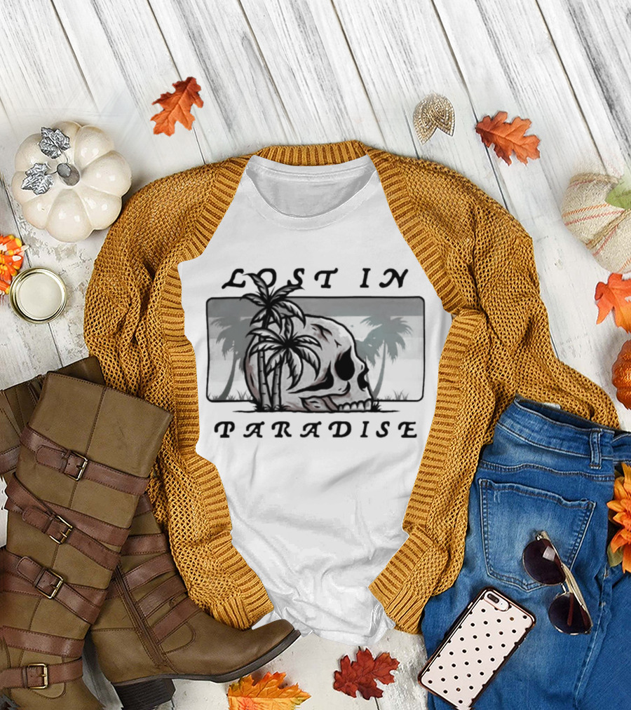 Lost in Paradise Palm Tree Skull and Beach Scene T-Shirt