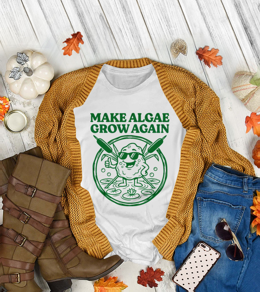 MAKE ALGAE GROW AGAIN Cartoon Thumbs Up with Sunglasses and Cattails Circular Frame T-Shirt