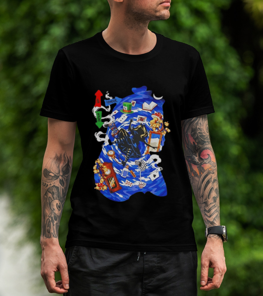 Alice In Wonderland Through The Rabbit Hole Down Yonder With Wonderland Icons And Vortex T-Shirt